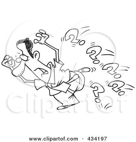 Royalty-Free (RF) Clipart Illustration of Line Art of a Cartoon Businessman Running From Questions by toonaday