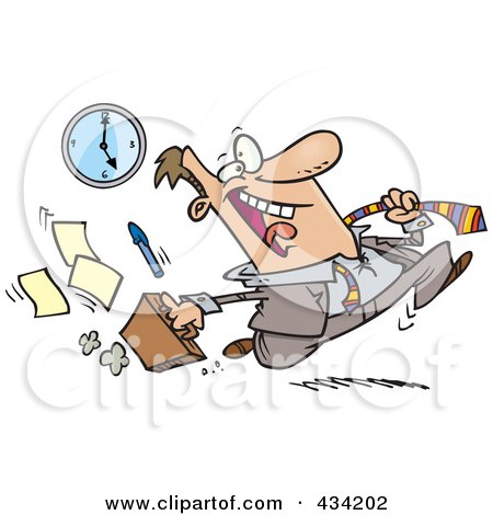 Royalty-Free (RF) Clipart Illustration of a Cartoon Businessman Rushing Out The Door At 5 by toonaday
