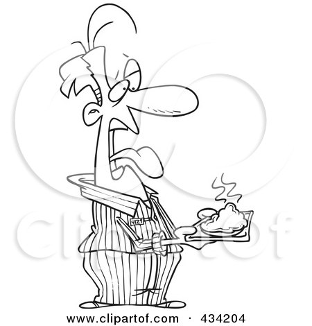 Royalty-Free (RF) Clipart Illustration of Line Art of a Disgusted Cartoon Male Prisoner Holding A Plate Of Food by toonaday