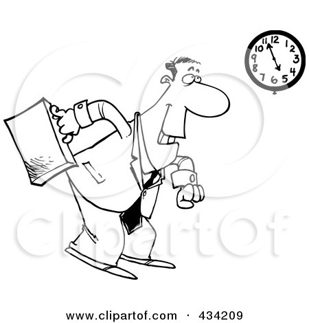 Royalty-Free (RF) Clipart Illustration of Line Art of a Cartoon Businessman Leaving At The End Of The Work Day by toonaday