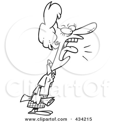 Royalty-Free (RF) Clipart Illustration of Line Art of an Angry Cartoon Businesswoman Holding A Newspaper And Yelling by toonaday