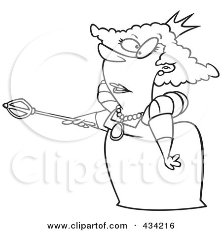 Royalty-Free (RF) Clipart Illustration of Line Art of a Queen Pointing Her Staff by toonaday