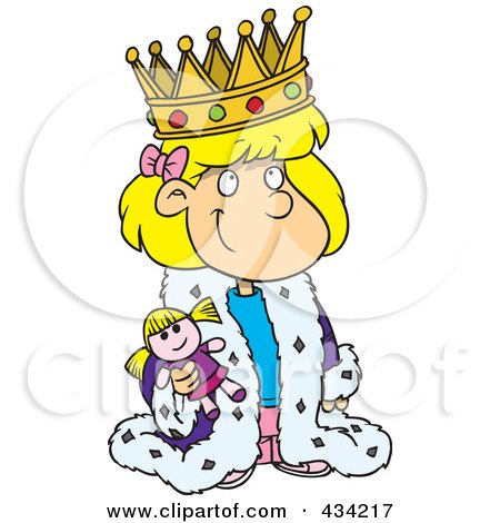 Royalty-Free (RF) Clipart Illustration of a Cartoon Queen Girl Holding A Doll by toonaday