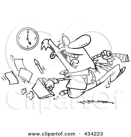 Royalty-Free (RF) Clipart Illustration of Line Art of a Cartoon Businessman Rushing Out The Door At 5 by toonaday