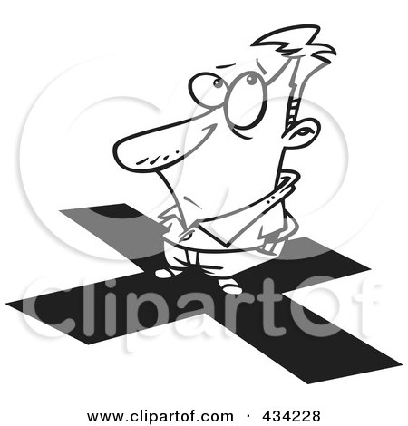 Royalty-Free (RF) Clipart Illustration of Line Art of a Cartoon Man Standing On An X by toonaday