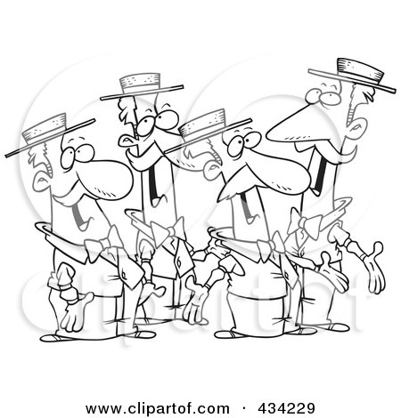 Royalty-Free (RF) Clipart Illustration of Line Art of a Quartet Of Singing Cartoon Men by toonaday