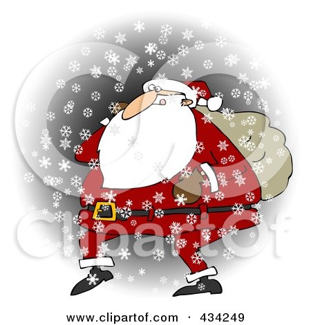 Royalty-Free (RF) Clipart Illustration of Santa Walking In The Snow With One Arm Carrying A Sack Over His Shoulder by djart