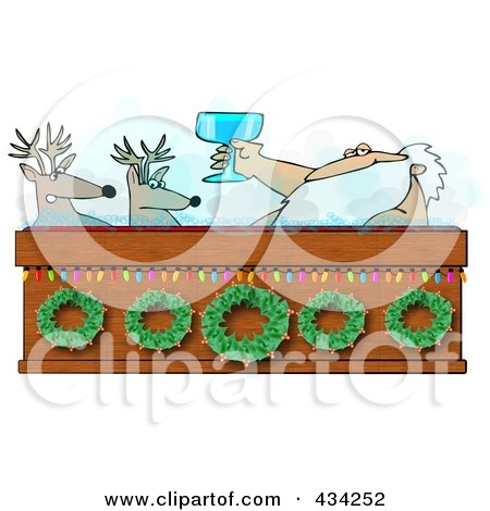 Royalty-Free (RF) Clipart Illustration of Santa Toasting To Reindeer With Wine In A Hot Tub by djart