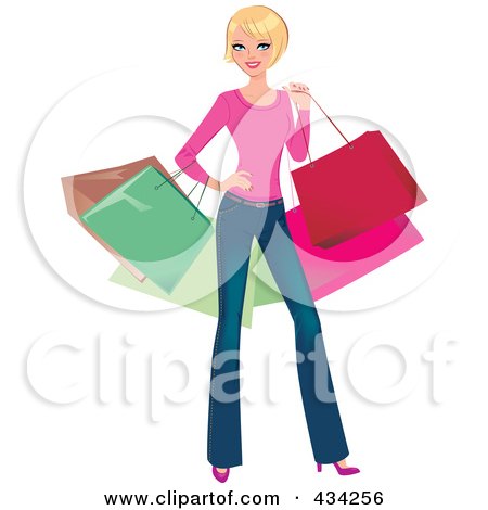 Royalty-Free (RF) Clipart Illustration of a Blond Woman Posing And Carrying Colorful Shopping Bags by Monica