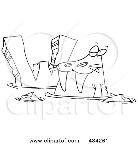 Royalty-Free (RF) Clipart Illustration of a Line Art Design Of A Walrus And Letter W by toonaday
