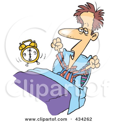 Royalty-Free (RF) Clipart Illustration of a Cartoon Man Stretching While Waking Up by toonaday