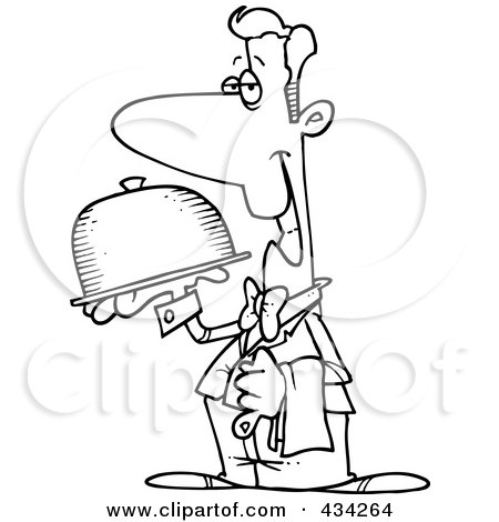 Royalty-Free (RF) Clipart Illustration of a Line Art Design Of A Pleasant Waiter Carrying A Platter by toonaday
