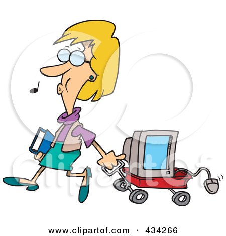 Royalty-Free (RF) Clipart Illustration of a Woman Whistling And Pulling A Computer In A Wagon by toonaday
