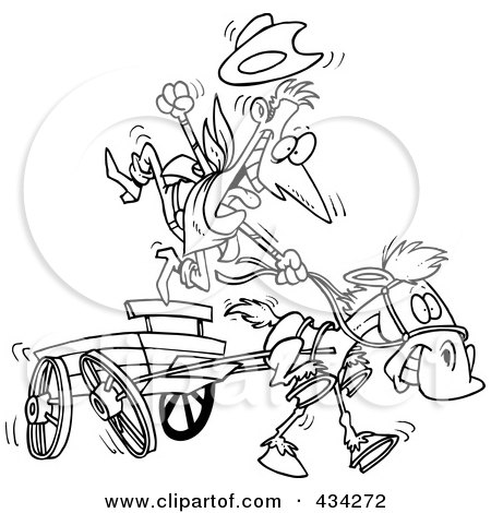 Royalty-Free (RF) Clipart Illustration of a Line Art Design Of A Cowboy And Fast Horse With A Wagon by toonaday