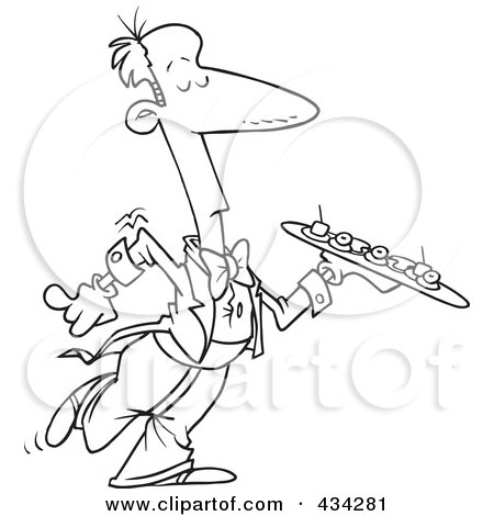Royalty-Free (RF) Clipart Illustration of a Line Art Design Of A Snobby Waiter Carrying A Tray by toonaday