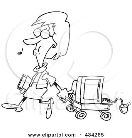 Royalty-Free (RF) Clipart Illustration of a Line Art Design Of A Woman Whistling And Pulling A Computer In A Wagon by toonaday