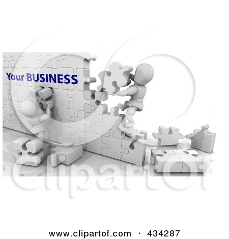 Royalty-Free (RF) Clipart Illustration of Two 3d White Characters Building A Puzzle Wall With Your Businses Text by KJ Pargeter