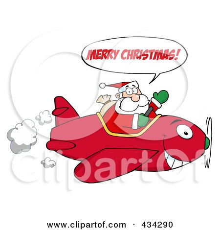 Royalty-Free (RF) Clipart Illustration of Santa Saying Merry Christmas And Flying A Plane by Hit Toon