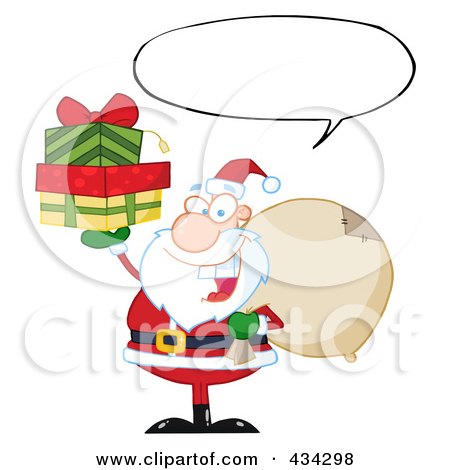 Royalty-Free (RF) Clipart Illustration of Santa Holding Gifts With A Word Balloon by Hit Toon