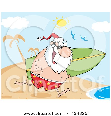 Royalty-Free (RF) Clipart Illustration of Santa Running With A Surfboard - 2 by Hit Toon