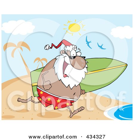 Royalty-Free (RF) Clipart Illustration of a Black Santa Running With A Surfboard - 2 by Hit Toon