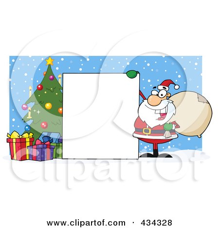 Royalty-Free (RF) Clipart Illustration of Santa With A Christmas Tree And Blan Sign Over Snow by Hit Toon