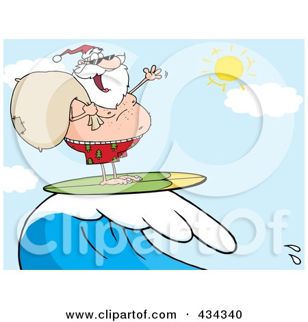 Royalty-Free (RF) Clipart Illustration of Santa Surfing And Riding A Wave by Hit Toon