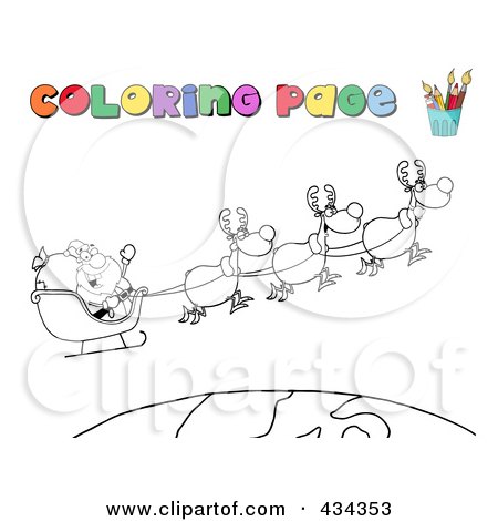 Royalty-Free (RF) Clipart Illustration of a Coloring Page Of Santa And His Magic Reindeer In Flight by Hit Toon