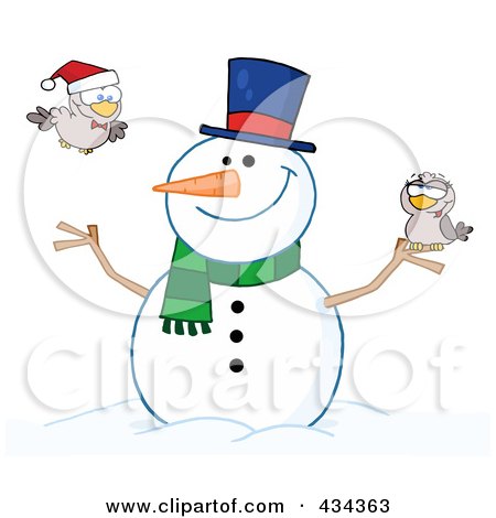 Royalty-Free (RF) Clipart Illustration of a Happy Snowman With Birds - 2 by Hit Toon