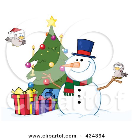 Royalty-Free (RF) Clipart Illustration of a Christmas Snowman By A Tree - 2 by Hit Toon