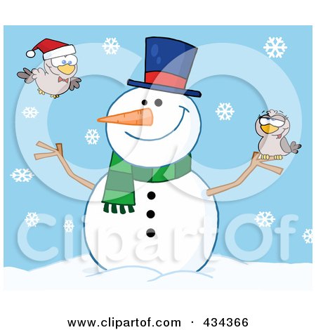 Royalty-Free (RF) Clipart Illustration of a Happy Snowman With Birds - 3 by Hit Toon