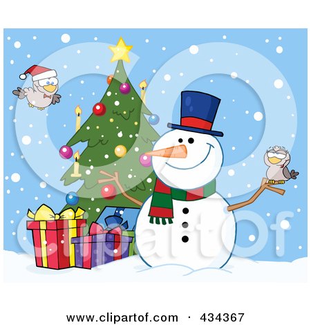 Royalty-Free (RF) Clipart Illustration of a Christmas Snowman By A Tree - 3 by Hit Toon