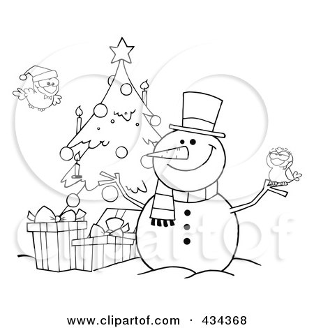 Royalty-Free (RF) Clipart Illustration of a Christmas Snowman By A Tree - 1 by Hit Toon