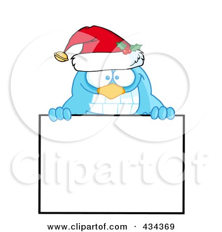 Royalty-Free (RF) Clipart Illustration of a Blue Christmas Bird Over A Blank Sign by Hit Toon