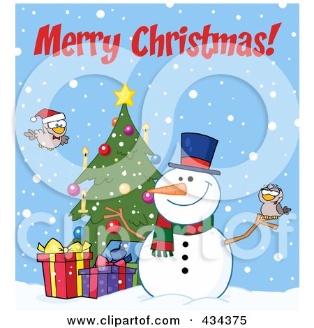 Royalty-Free (RF) Clipart Illustration of Merry Christmas Text by a Christmas Snowman By A Tree by Hit Toon