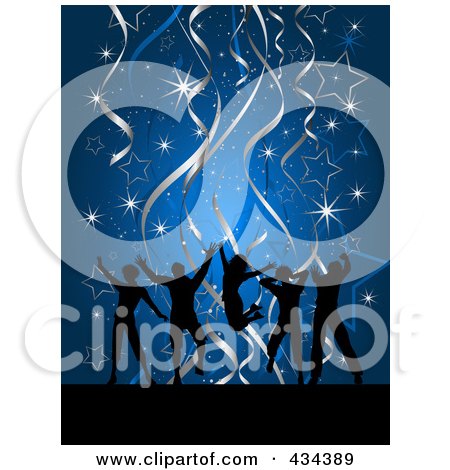 Royalty-Free (RF) Clipart Illustration of Silhouetted Dancers Over Blue With Stars, Sparkles And Ribbons by KJ Pargeter