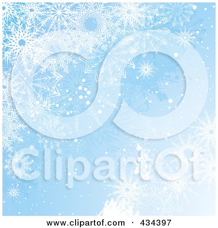 Royalty-Free (RF) Clipart Illustration of a Blue Snowflake Background With Multiple Sized Flakes by KJ Pargeter