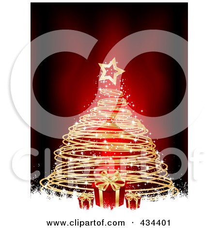 Royalty-Free (RF) Clipart Illustration of a Gold Spiral Christmas Tree With Red Gifts And White Grunge Over Red by KJ Pargeter