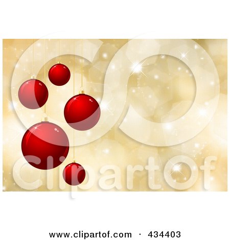 Royalty-Free (RF) Clipart Illustration of a Red Christmas Bauble Background With Golden Halftone Sparkles by KJ Pargeter