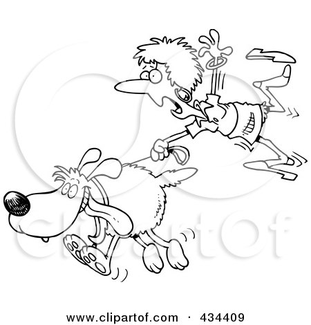 Royalty-Free (RF) Clipart Illustration of a Line Art Design Of A Woman Trailing After A Dog On A Leash by toonaday