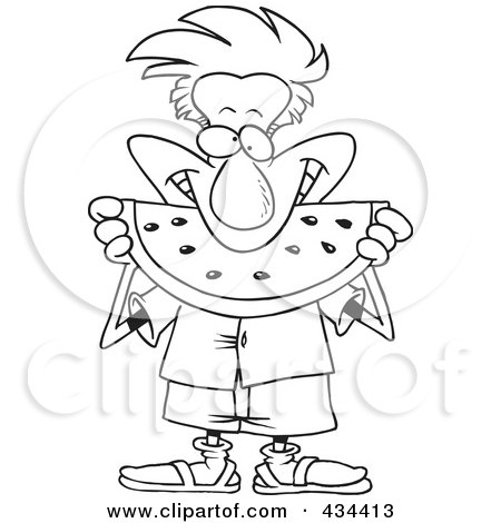 Royalty-Free (RF) Clipart Illustration of a Line Art Design Of A Man Eating Watermelon by toonaday