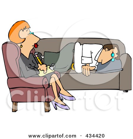 Royalty-Free (RF) Clipart Illustration of a Red Haired Psychotherapist Listening To A Depressed Man by djart