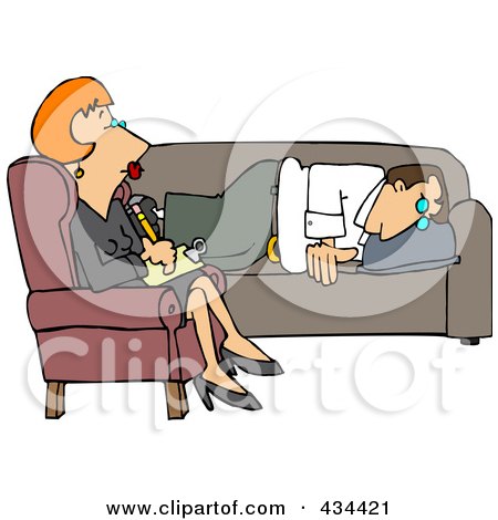 Royalty-Free (RF) Clipart Illustration of a Red Haired Counselor Listening To A Depressed Man by djart