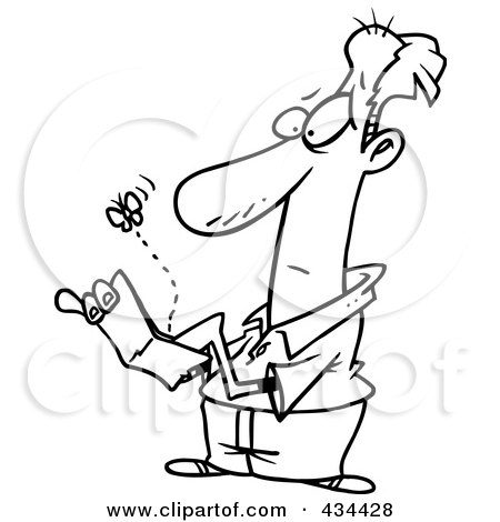 Royalty-Free (RF) Clipart Illustration of a Line Art Design Of A Fly Emerging From A Broke Man's Wallet by toonaday