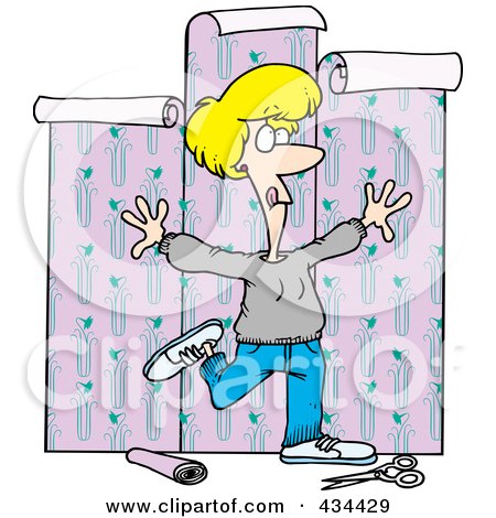 Royalty-Free (RF) Clipart Illustration of a Woman Using Her Entire Body To Hang Wallpaper by toonaday