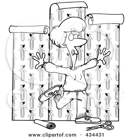 Royalty-Free (RF) Clipart Illustration of a Line Art Design Of A Woman Using Her Entire Body To Hang Wallpaper by toonaday
