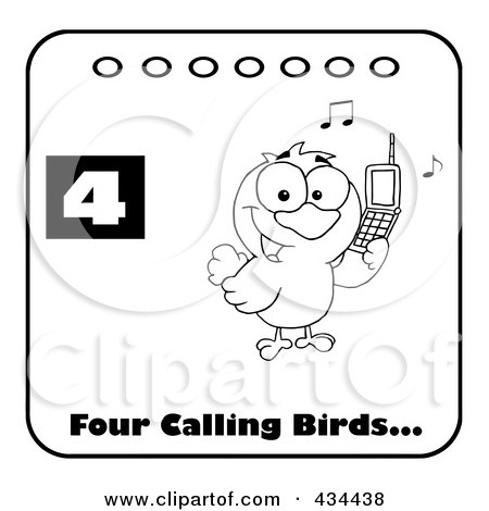 Royalty-Free (RF) Clipart Illustration of a Black And White Bird Calling On A Christmas Calendar With Text And Number Four by Hit Toon