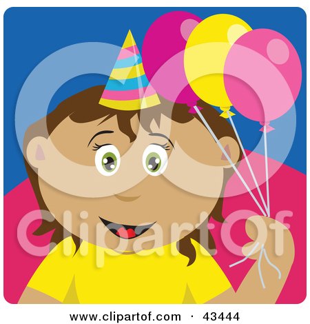 Clipart Illustration of a Latin American Birthday Girl Holding Balloons by Dennis Holmes Designs