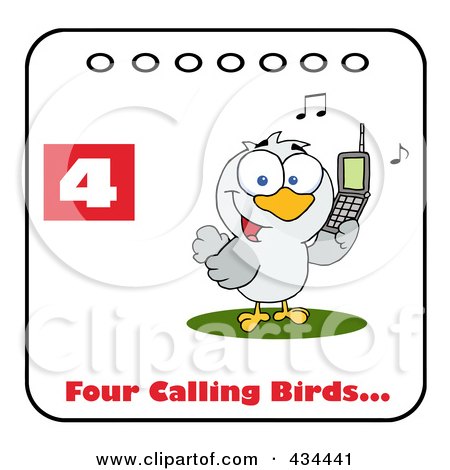 Royalty-Free (RF) Clipart Illustration of a Bird Calling On A Christmas Calendar With Text And Number Four by Hit Toon