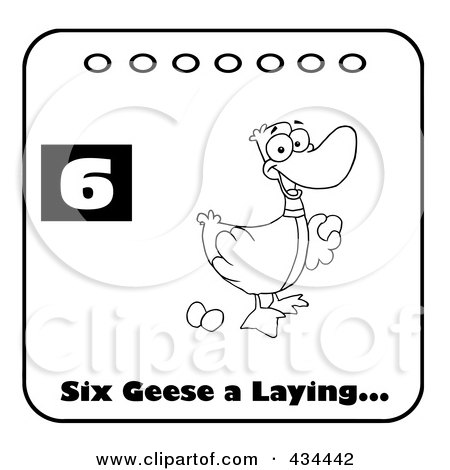 Royalty-Free (RF) Clipart Illustration of a Black And White Laying Goose On A Christmas Calendar With Text And Number Six by Hit Toon